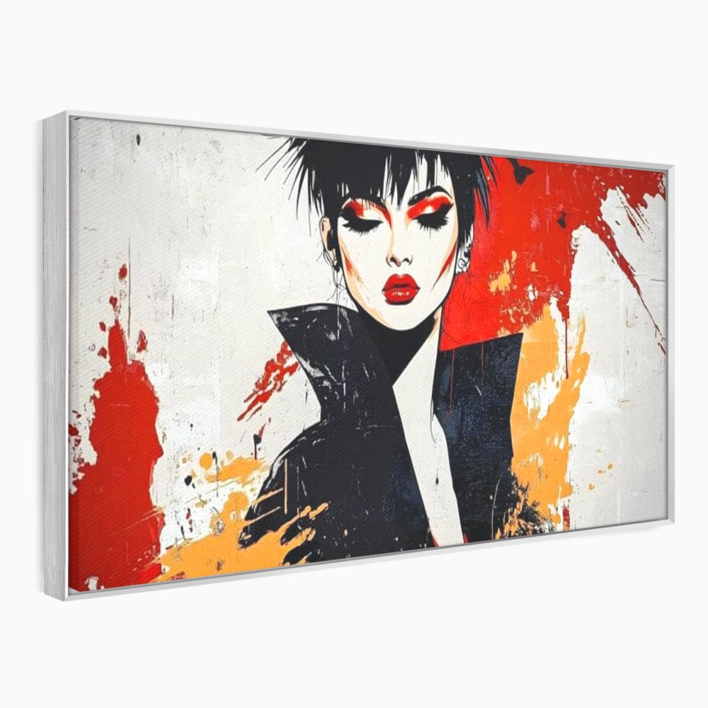 Tablou canvas cu ilustratie digitala cu portret de femeie in stil punk, in rama de aluminiu argintiu